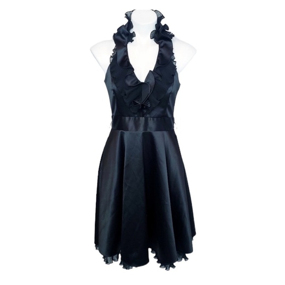 WHBM Black Satin Halter Ruffle Cocktail Dress With Pockets Size 4 - Picture 2 of 16